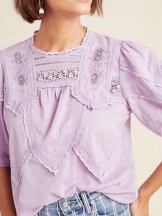 Anthropologie Lavender Lace-Trim Peasant Blouse - Picture 6 of 6